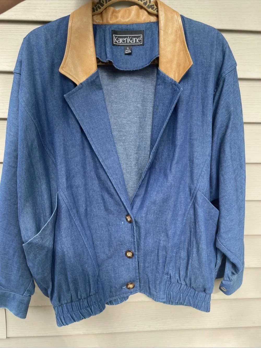 Karen Kane Blue Denim Bomber Jacket with Tan Leather Collar